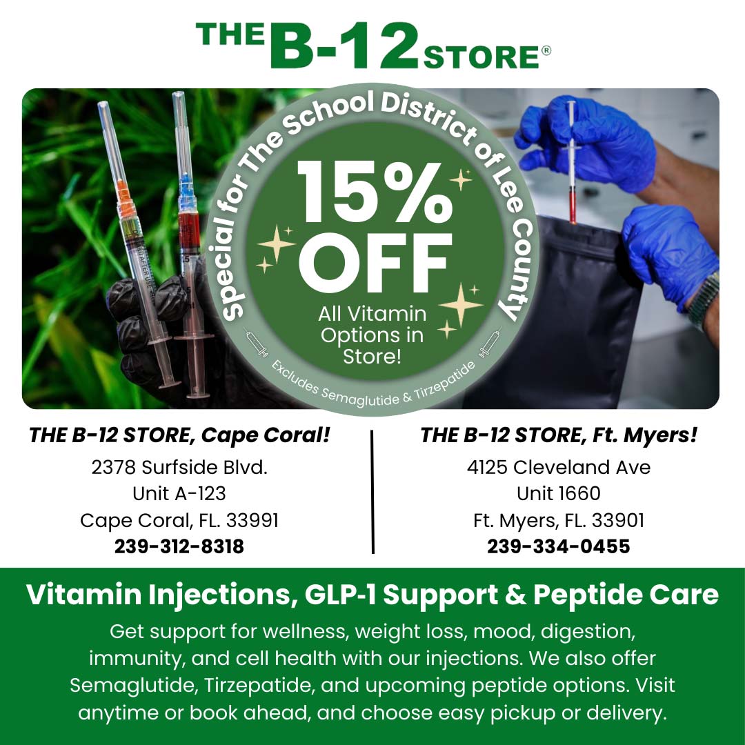 The B12 Store - 15%
OFF
Everything we have to offer in store
THE B-12 STORE, Cape Coral!
2378 Surfside Blvd.
Unit A-123
Cape Coral, FL. 33991
239-312-8318
THE B-12 STORE, Ft. Myers!
4125 Cleveland Ave
Unit 1660
Ft. Myers, FL. 33901
239-334-0455
FDA-approved vitamin injections
From boosting overall health, aiding weight loss, easing depression and anxiety, to enhancing digestion, cell health, immunity, and even bone and muscle support - we've got an injection for every need. Walk-ins are always welcome, or schedule one for your convenience. Plus, take home our convenient pre-filled injections, available for pickup or doorstep delivery!